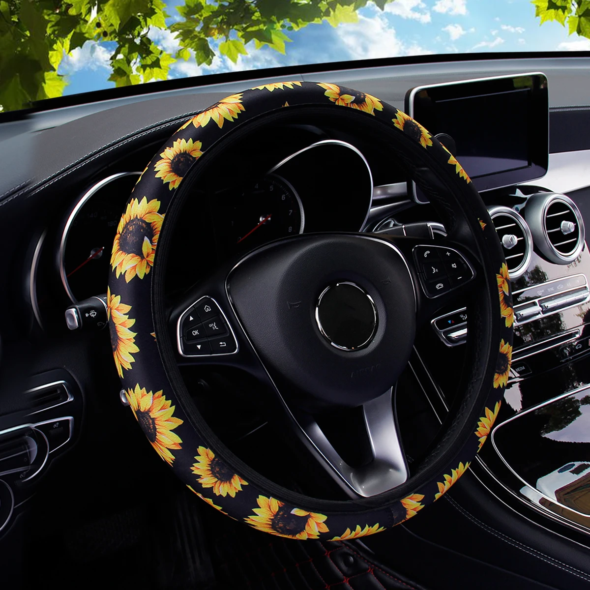 19 Diving material printed fabric car rimless steering wheel cover Christmas camouflage sunflower leopard pattern car decoration - view 5