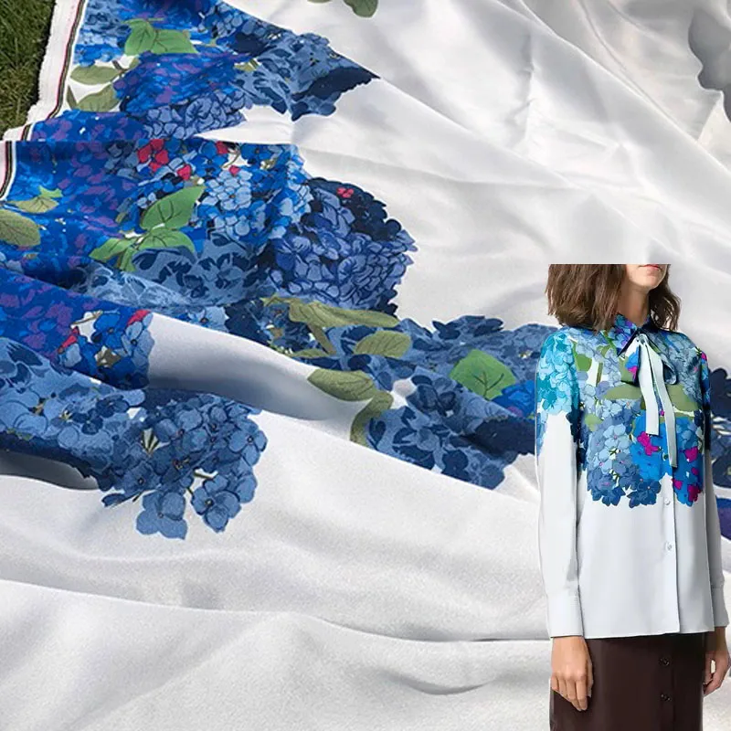 

Синяя гортензия с цветочным узором и принтом, имитирующая двойную креповую ткань для женского летнего платья, ткань «сделай сам», швейный материал