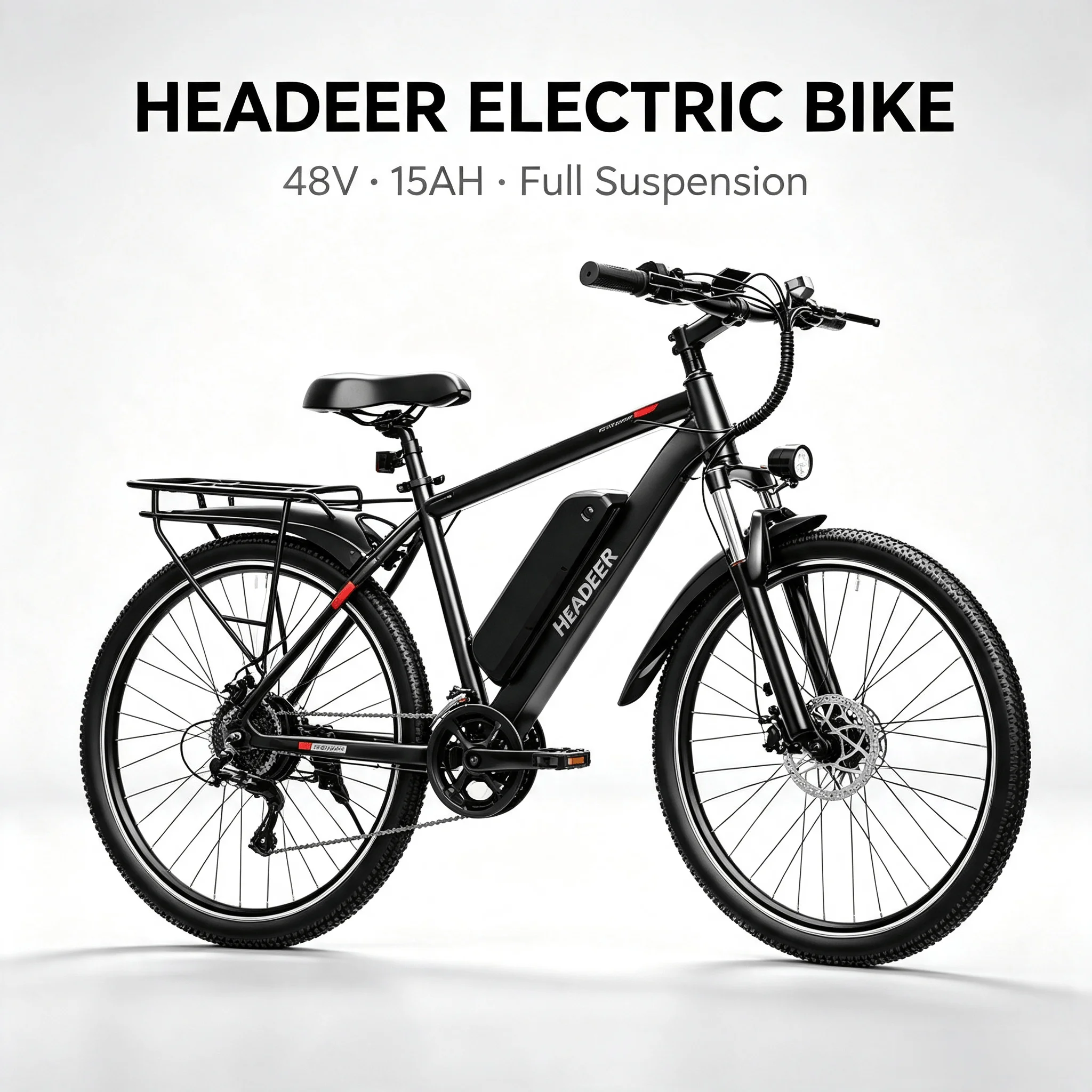Bicicletta elettrica HEADEER nuovo modello BK1350 2026, batteria 48V 15Ah, pneumatici da 26 pollici, sistema di sospensione anteriore e posteriore, bici elettrica da pendolare elegante