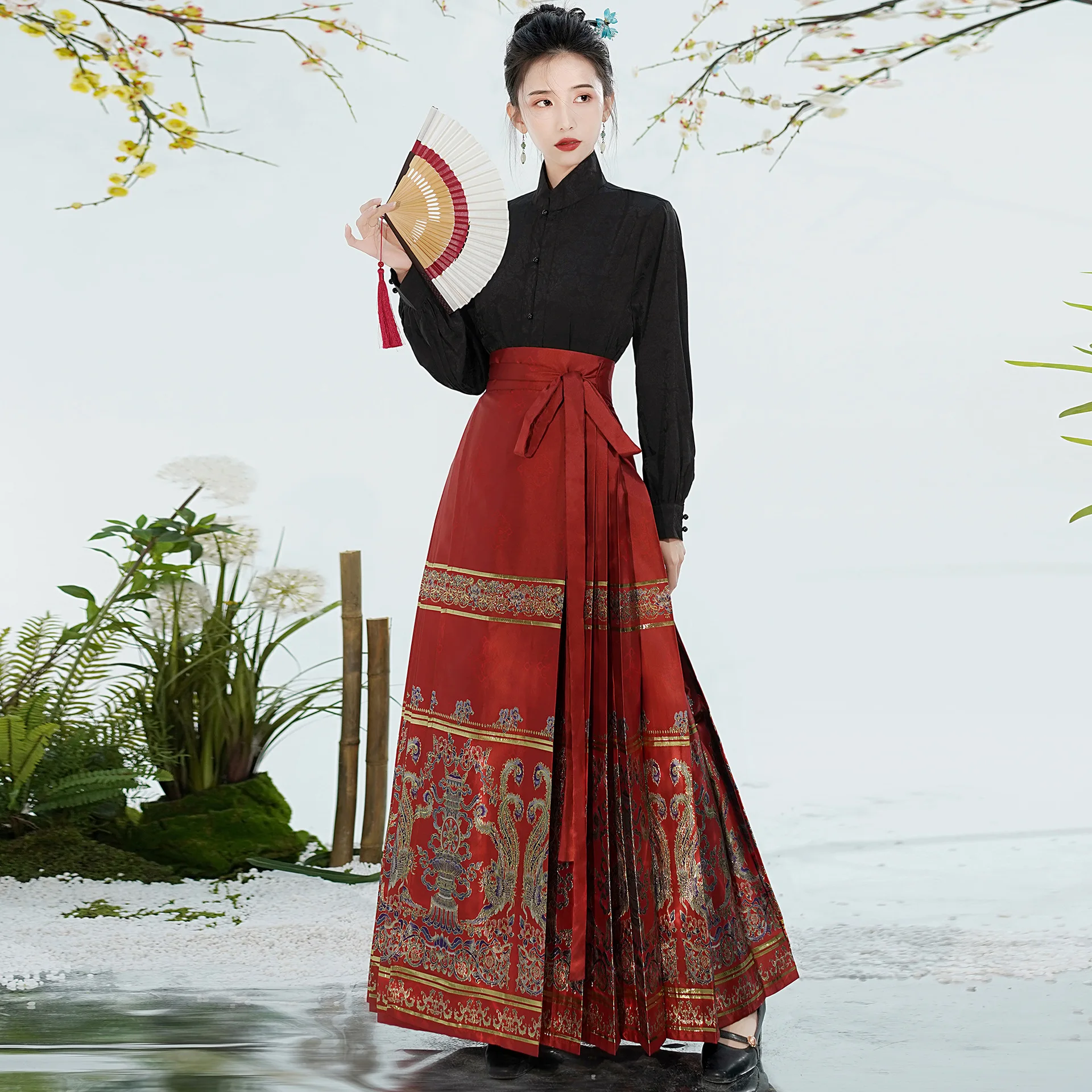 Black MaMian Qun Ming Dynasty Horse Face Skirt Vintage Chinese Traditional Ancient Hanfu Modern Women's Dress Set Daily Wear