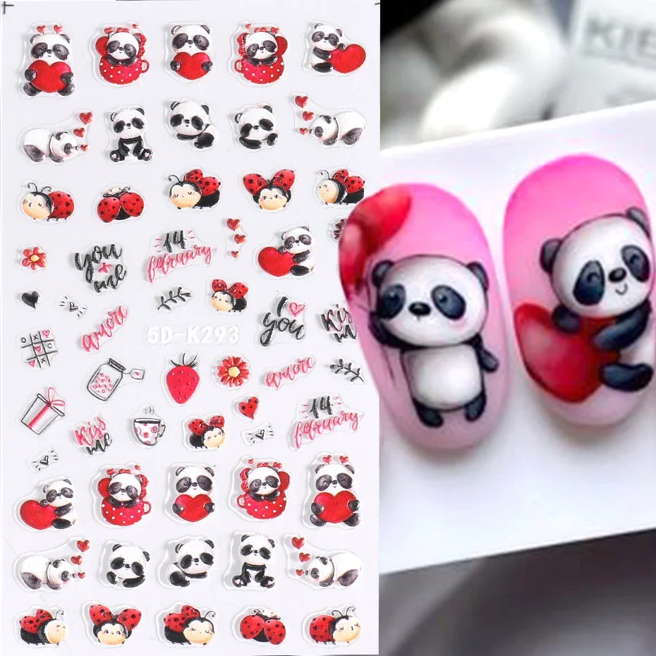 5D Cute Valentine adesivi per unghie in rilievo Cartoon Panda coccinella bambola cuore rosso lettera ti amo cursore inciso Manicure Decor