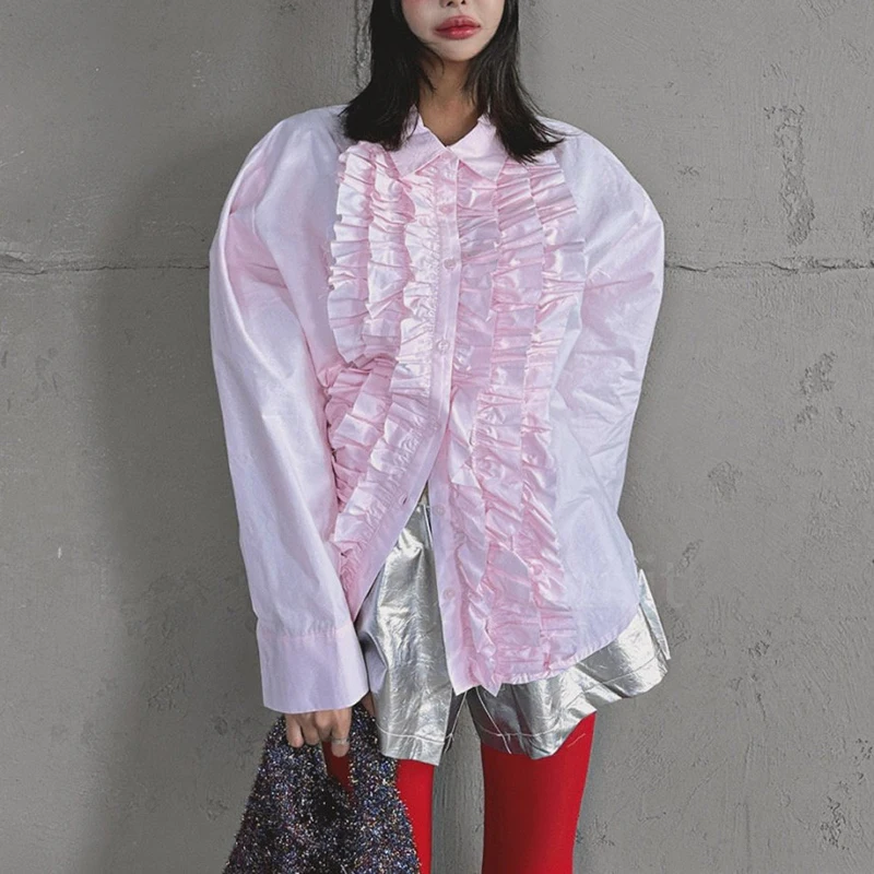 

Elegant Pink Shirts Women Fashion White Ruffles Patchwork Blouses Autumn Ladies Streetwear Korean Long Sleeve Casual Design Tops