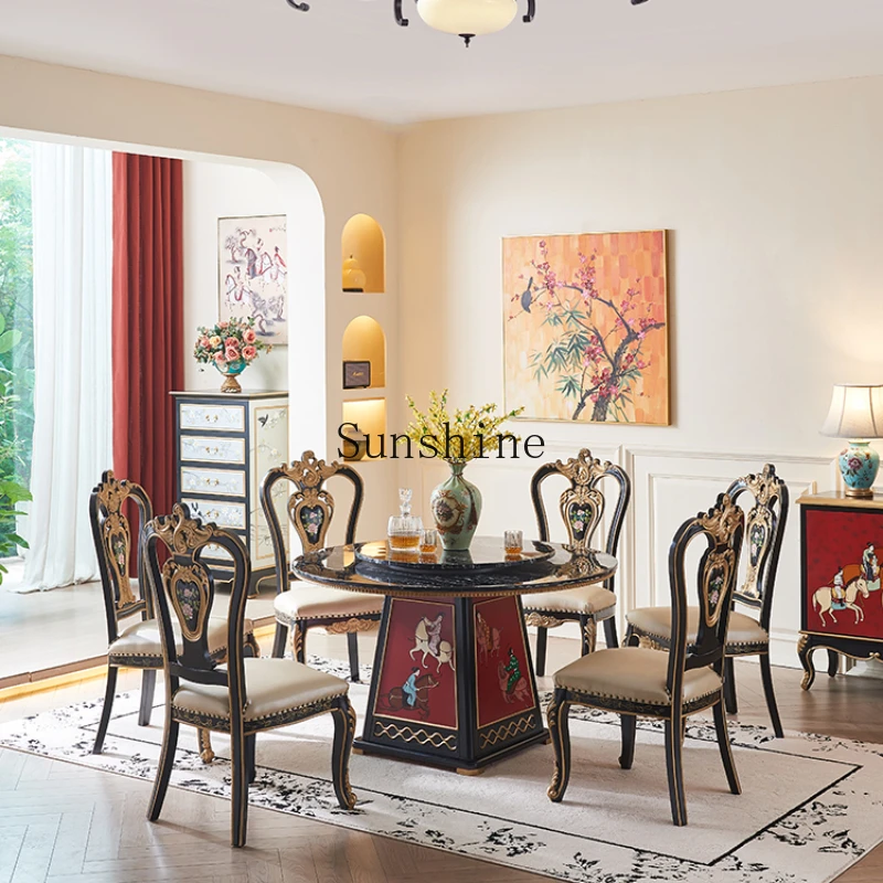 

New Chinese high-end villa all solid wood red painted marble round household table and chairs