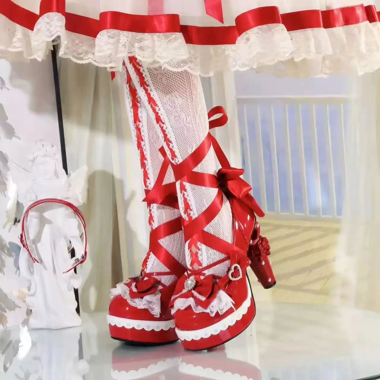 

2026 Lolita Shoes Women High Heels Sweet Japanese-style Bow PU Leather Shoes Women Rhinestone Cosplay Shoes