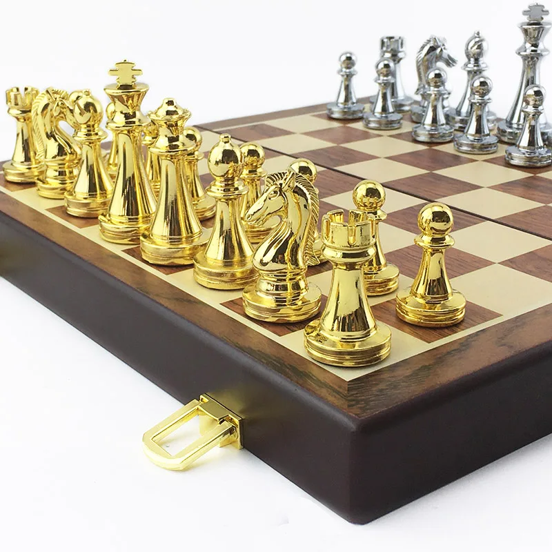 Kirsite Metal Chess Set, Portable Chess Game, Wooden Folding Chessboard, King Height 67mm Chess Table Board Game, Gift fot Kids