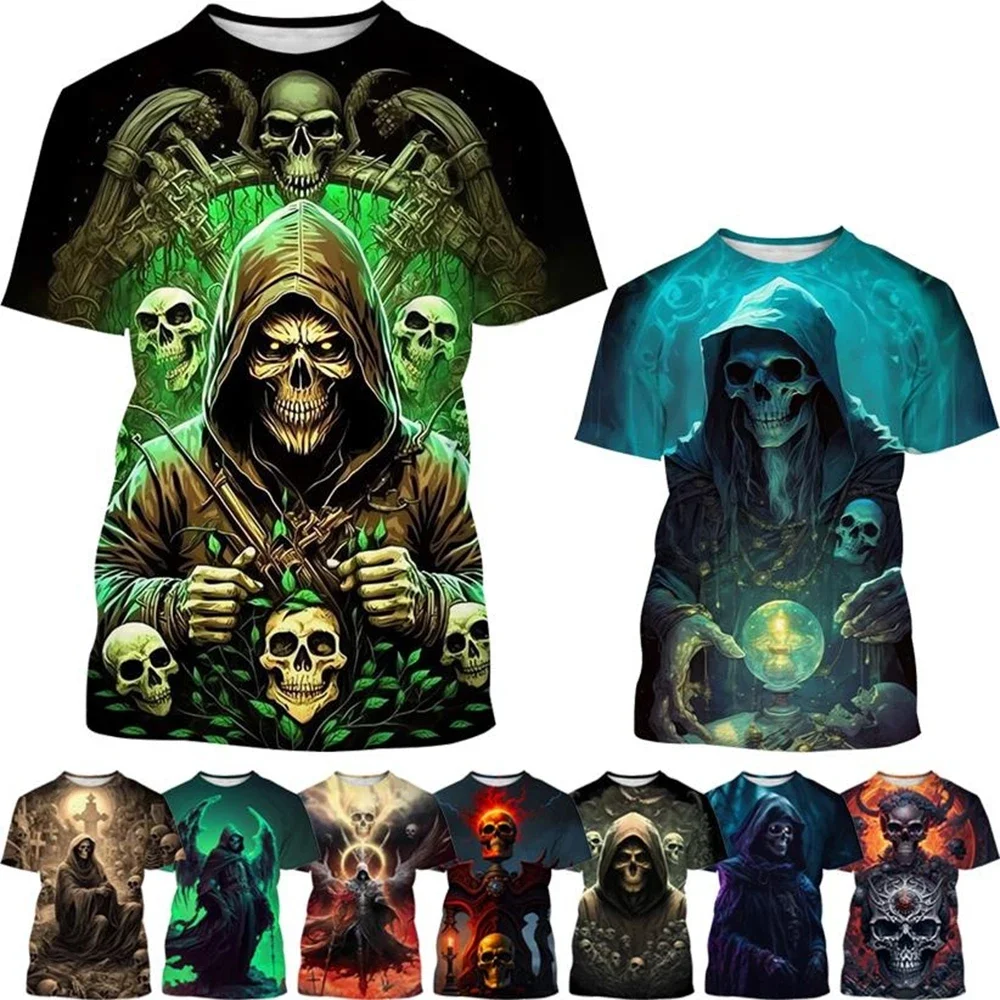 Hot selling new skeleton 3D printed men's and women's fashionable horror short sleeved flame skull casual top T-shirt