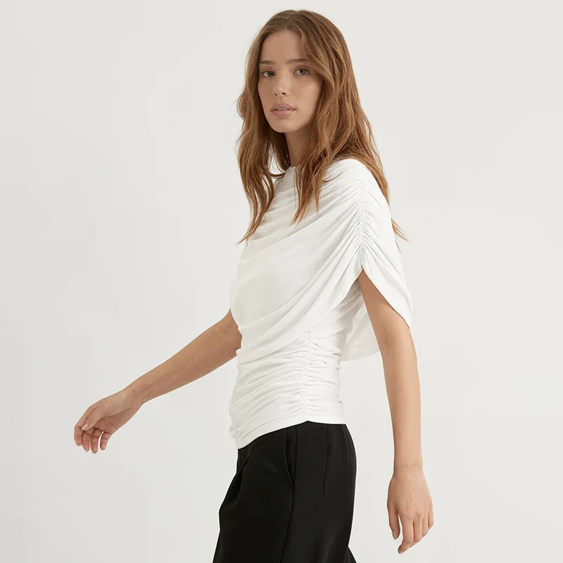 HOUZHOU Women Draped Cowl Neck Cape Mesh Top Elegant Ruched Waist Slim Fit Blouse Vintage Casual See Through Capelet Shirt