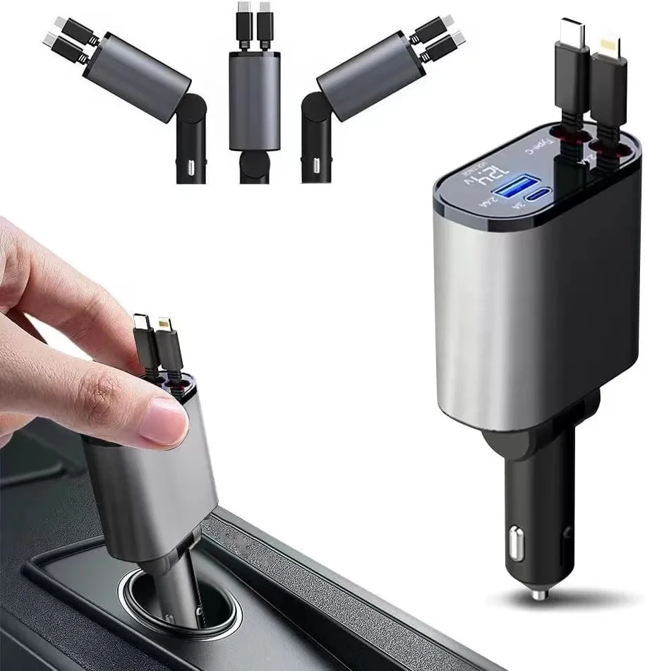 100w 4 IN 1 Retractable Car Charger USB Type C Cable For IPhone Huawei Samsung Fast Charge Cord Cigarette Lighter Adapter