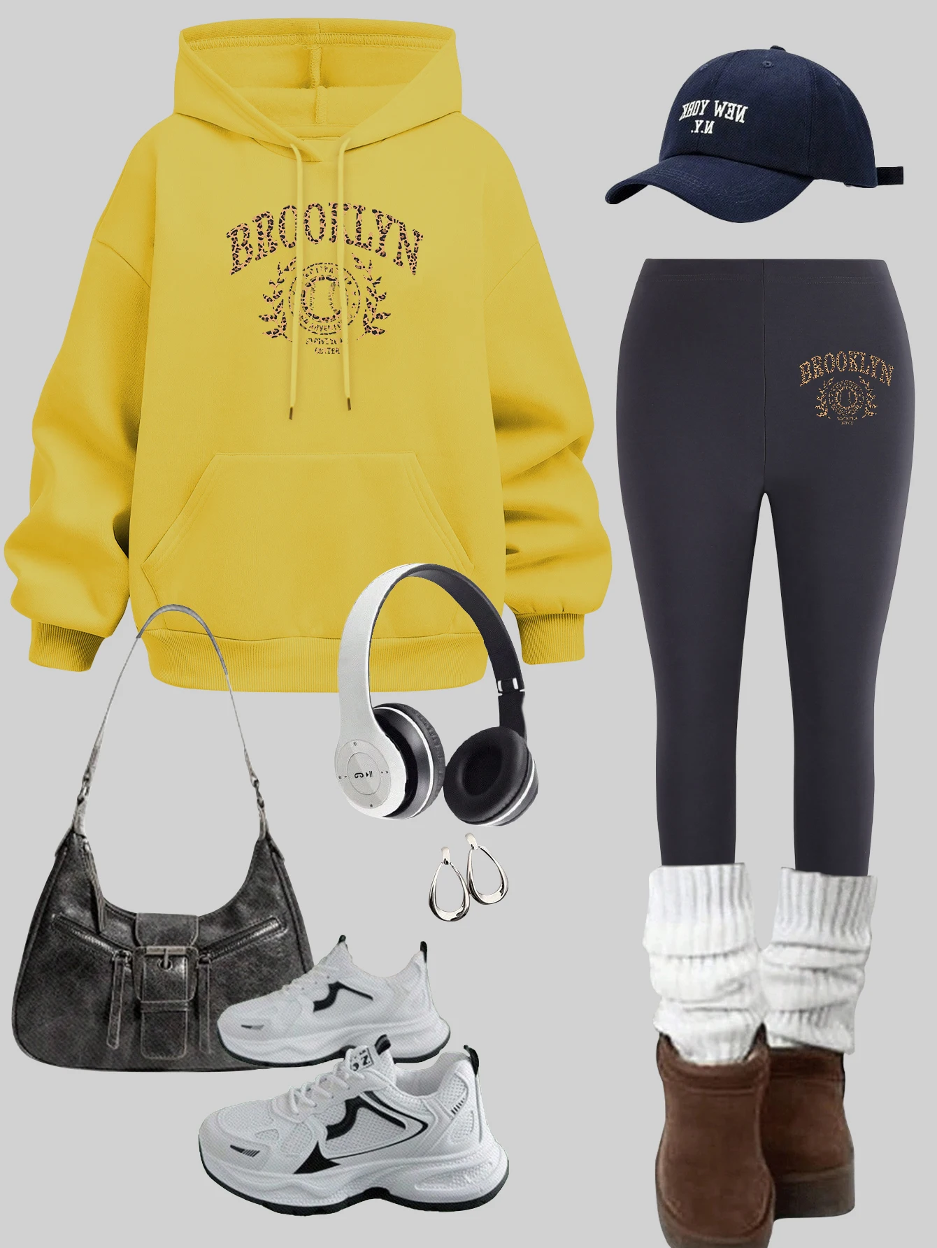 

Brooklyn Baseball City Design Hoodiess Set Women Pocket Fleece Pullovers Loose Autumn Clothing elasticity Thicken leggings