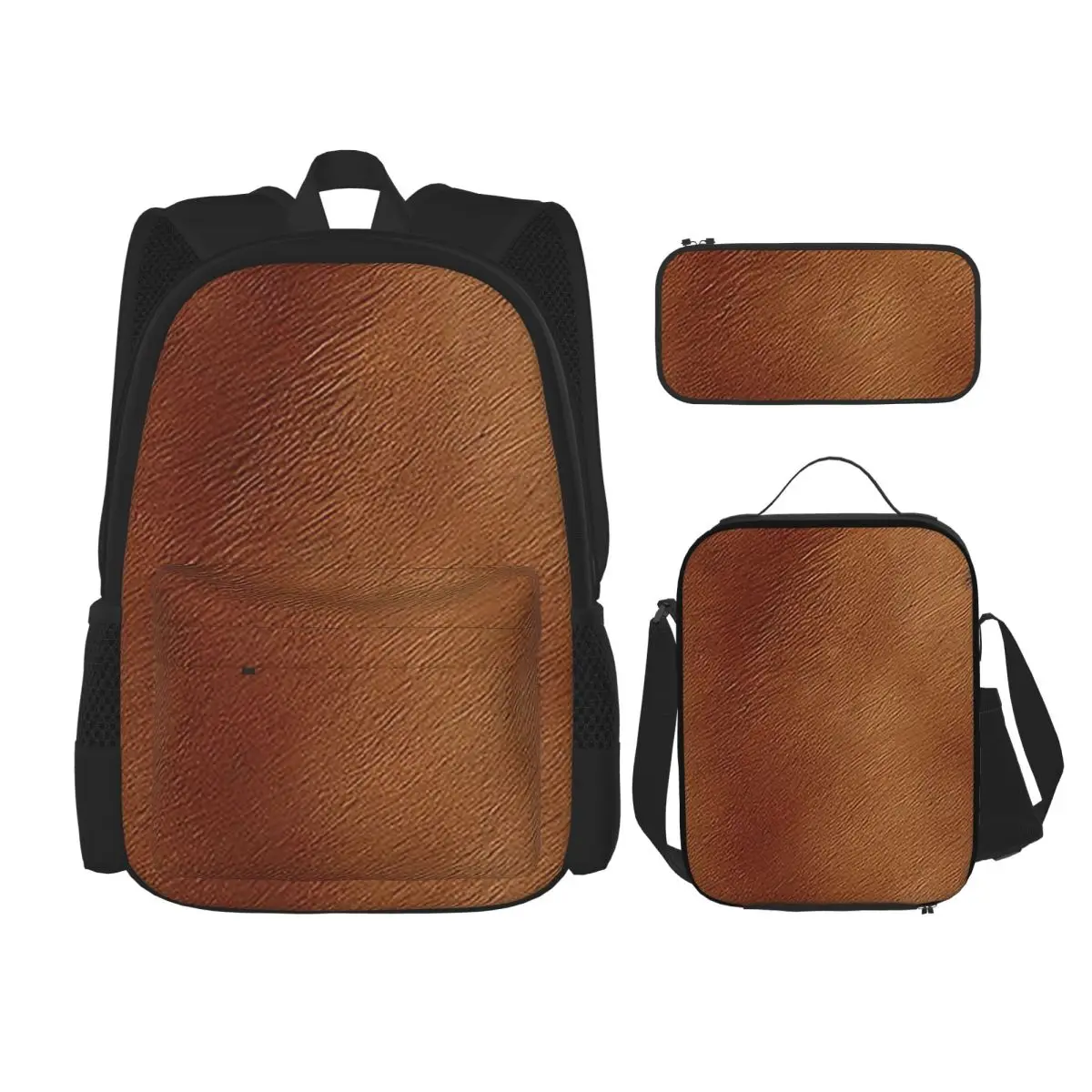 Brown Cowhide Cow Skin Print Backpacks Boys Girls Bookbag School Bags Rucksack Lunch Bag Pen Bag Three-Piece Set