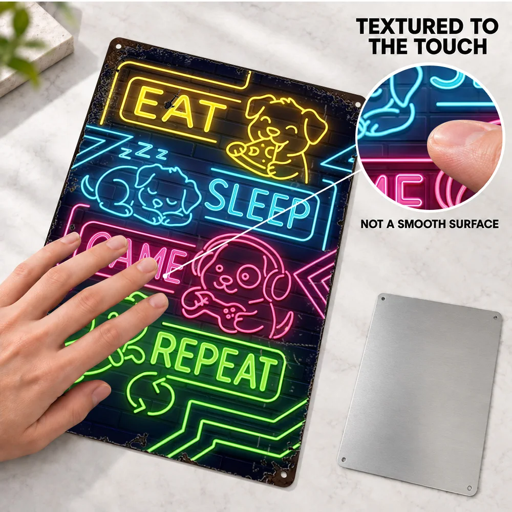 Eat Sleep Game Repeat Dog Textured Metal Poster Personalized Aluminum Sign Neon Effect Wall Art For Family Room Pet Owner Gift