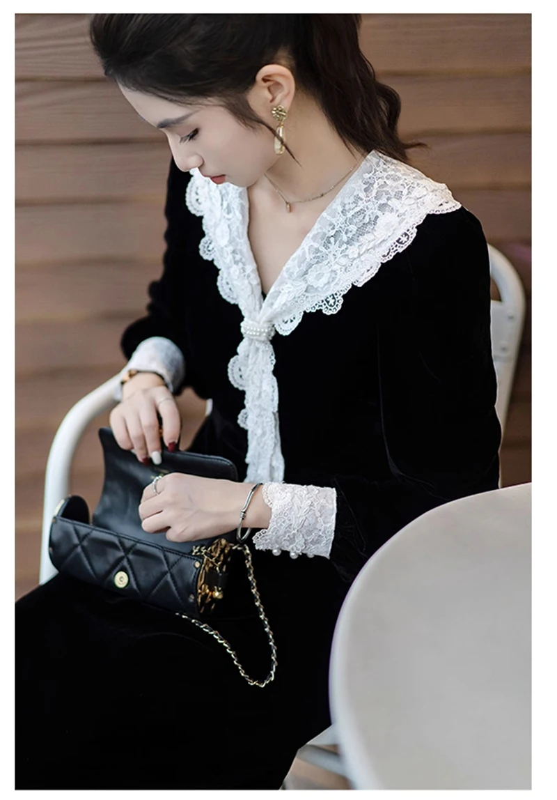 فستان نسائي مخملي من الحرير الطبيعي النقي مع رقبة على شكل حرف V من الدانتيل، يتميز بنمط قديم وأنيق، مناسب للنساء. لينة حساسة.