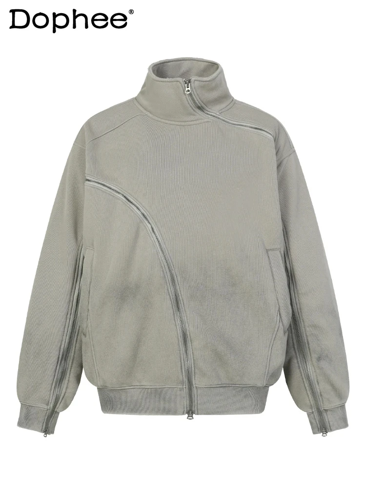 

Men's 2025 Autumn New Zipper Stand Collar Sweatshirts Men's Fleece Lined Thickened Personality Loose Comfort Long Sleeve Tops