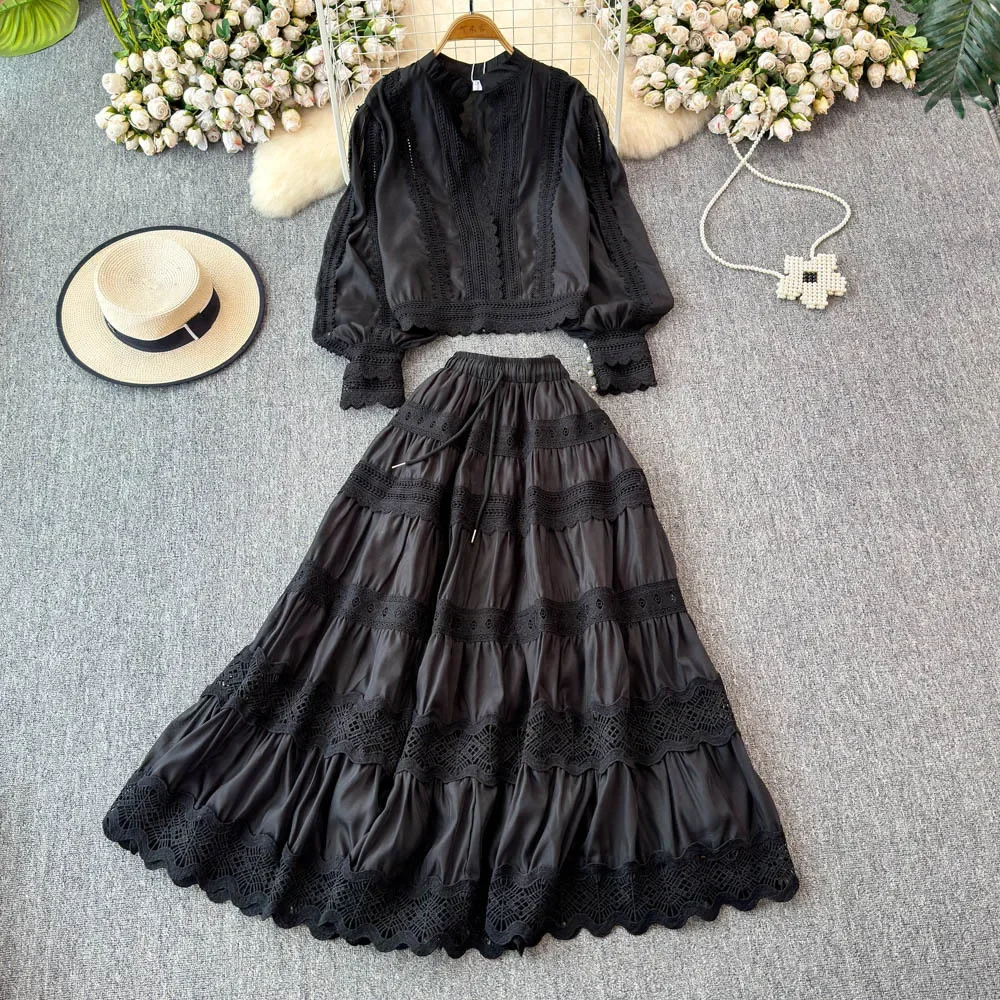 2024 Autumn Celebrity Lantern Sleeve Long Sleeve Hollow Lace Splicing Shirt + A-shaped Skirt Suit Dressing Women Skirt Sets 365