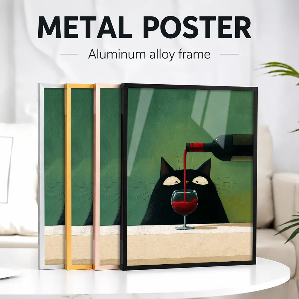 Black Cat And Wine Framed Aluminum Metal Poster Customized Photo Modern Wildlife Style Wall Art For Entryway Housewarming Gift