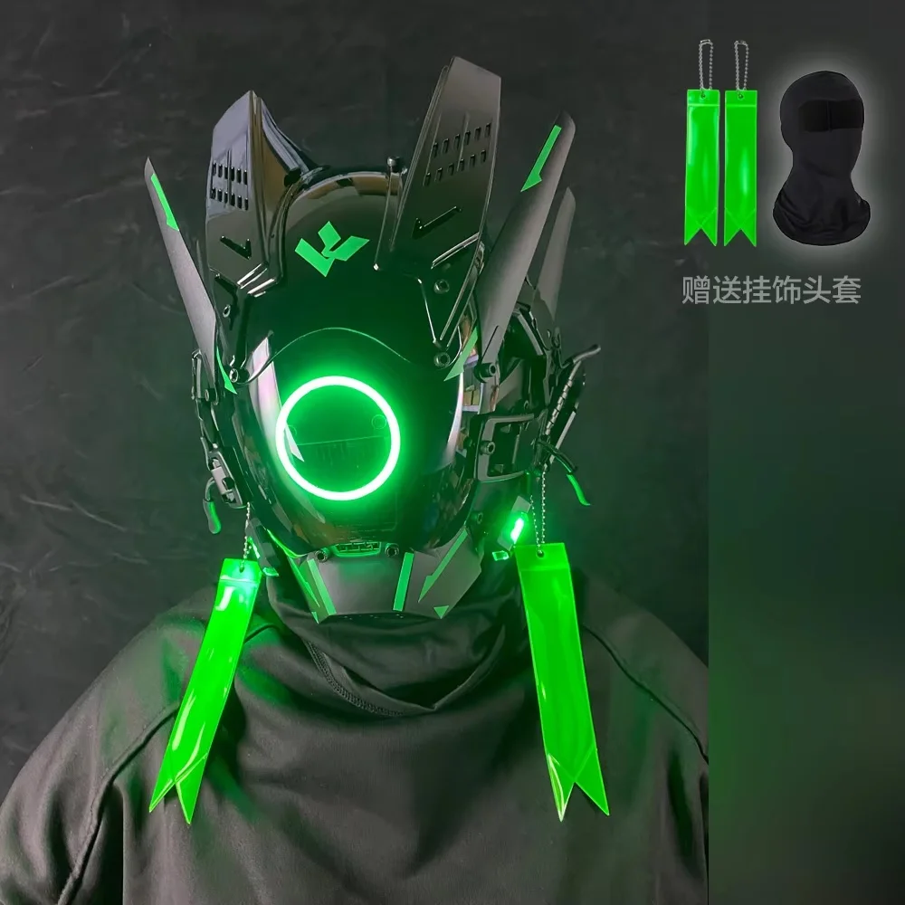 Cyber Punk Mask Halloween Mech Samurai Mask With Circle Light Cosplay Costumes Helmet Carnival Party Bar Performance COS Props