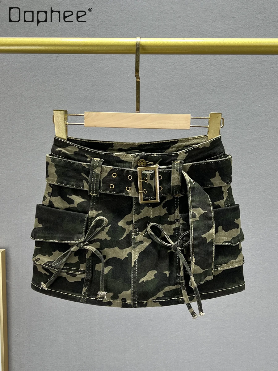 2024 Summer Camouflage Cargo Denim Skirts Women Bow Pockets A-Line Mini Skirts Sexy with Belt Vintage Fashion Jean Skirt