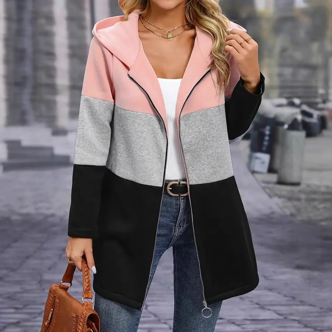 Zagros Women's Spring Fashion Loose Tri-color Contrast Splicing Hooded Zipper Casual Jacket