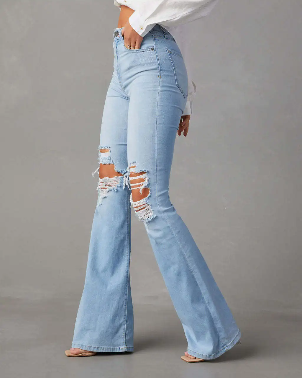 Blauwe Jeans Voor Vrouwen Broek Jeans Casual Lange Flare Broek Slanke Hoge Taille Gat Denim Broek Knoop Y 2K Lente 2024