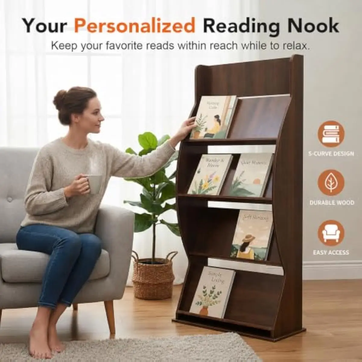 3 Tier Wooden Magazine Rack Floor Standing, 35.8 Inch Tall Curved Display Stand with A4 Pockets for Office Retail Store