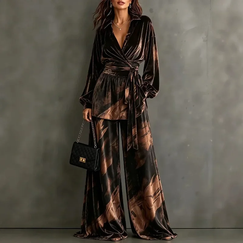 2026 Fall Winter New Casual Commute Tie Top Wide Leg Pants Set 2 Piece Polyester Lounge Suit