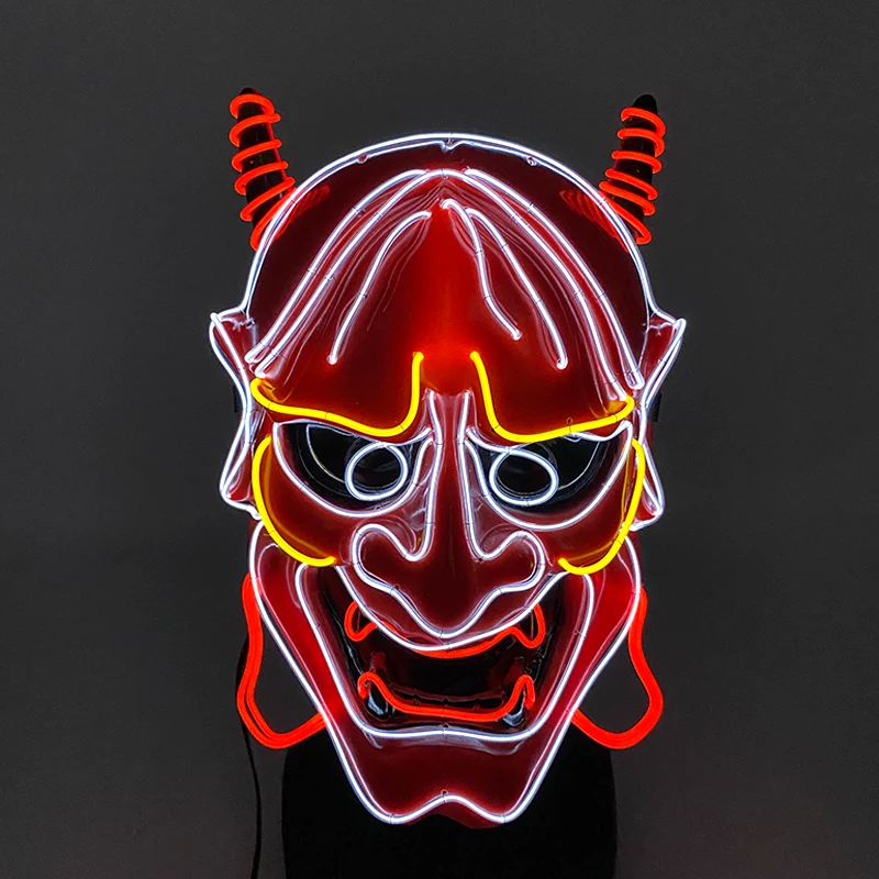 Light Up Japanese Oni Devil Mask LED Luminous Prajna Horror Mask Full Face Halloween Bar Party Props Neon Glowing Demon Mask