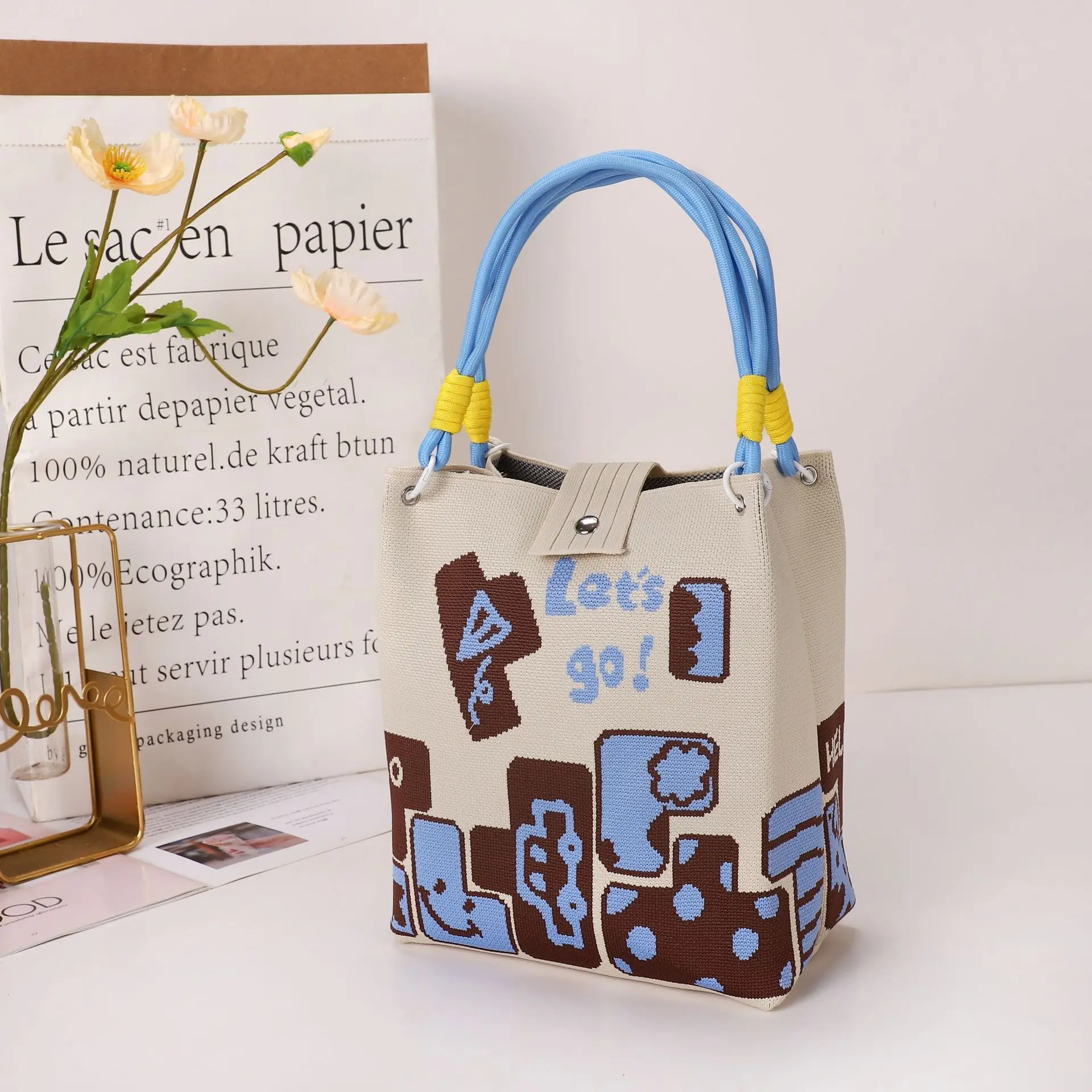 Cross-Border Knitted Bucket Handbag Women's Cute Bear  Pattern Universal Commuter Ring Buckle Bag Fashionable Tote