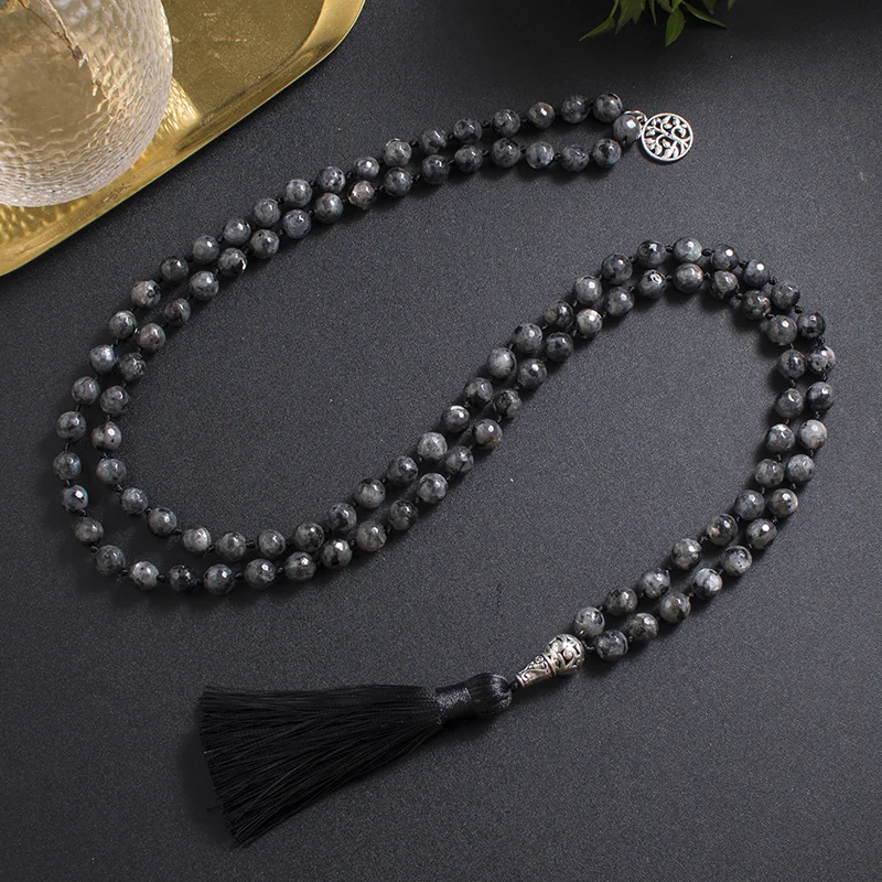 8mm Faceted Labradorite Necklace 108 Mala Beaded Jewelry Meditation Prayer Yoga Japamala Rosary for Men and Women