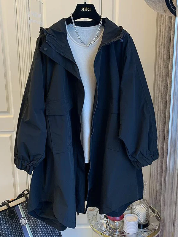 

plus Size Hooded Jacket 300 Pounds Lazy Style Mid-Length Loose Women's Coat Casual Outerwear Spring Autumn Seasonal Wear