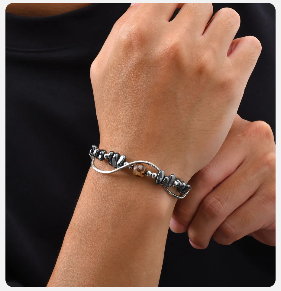 Vnox Herren-Doppelschicht-Armband, Edelstahl-Hämatit-Perlenkette, Verstellbarer Armschmuck, Geschenk für Ihn, Alltagsschmuck – Detail 3
