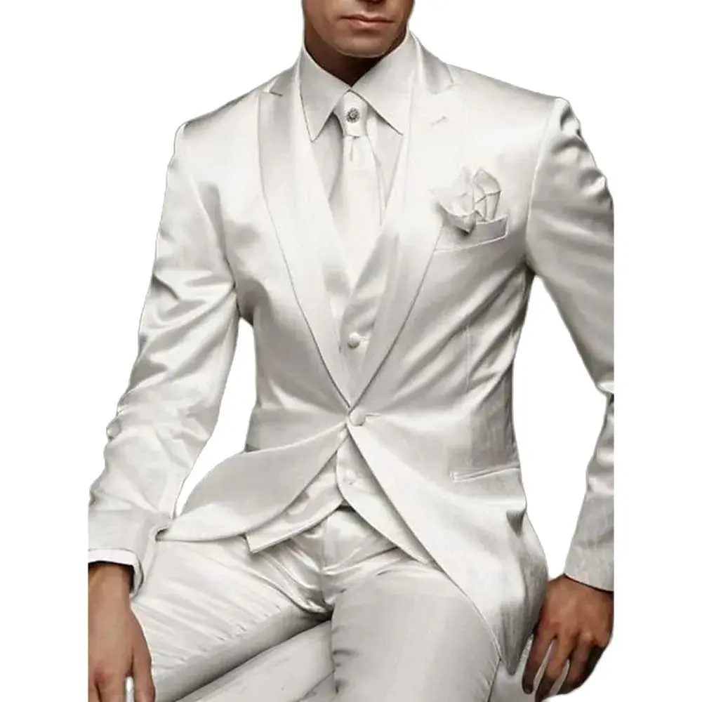 Luxury White Satin Men's Suits 3 Piece Jacket Pants Vest Male Clothing Formal Wedding Party Groom Business Slim Fit Blazer Sets