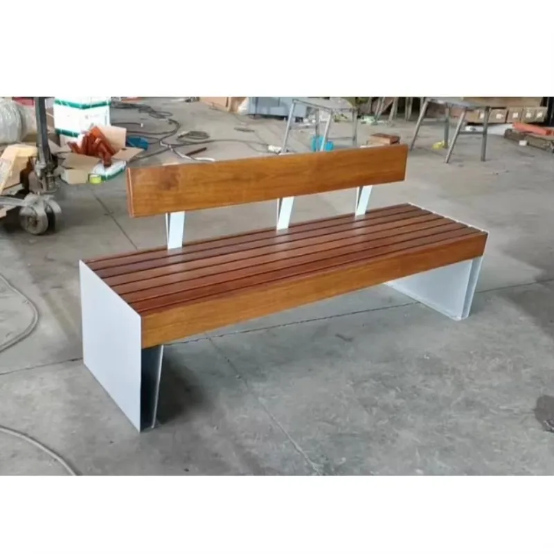Furniture Outdoor Modern Stainless Steel Bench Metal Garden Park Teak Seat 2-3 Seats with Backrest