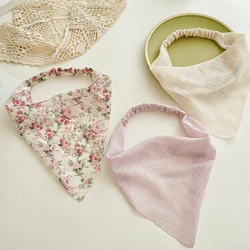 Sweet Flower Pattern Triangle Bandanas Hair Scarf Elastic Hair Band Silver Silk Cloth Floral Headscarf Hair Accessories Pastoral