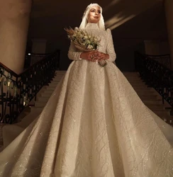 Dubai Muslim High Collar Wedding Dress Sequins Beading Custom Made Bridal Gowns Long Sleeves Vestido De Novia