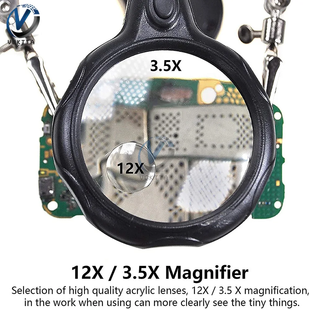 3.5X 5X 12X เชื่อมคลิปเสริมแว่นขยายเดสก์ท็อปผู้ถือเหล็กบัดกรี Circuit Board เชื่อมแว่นขยายวงเล็บเครื่องมือ