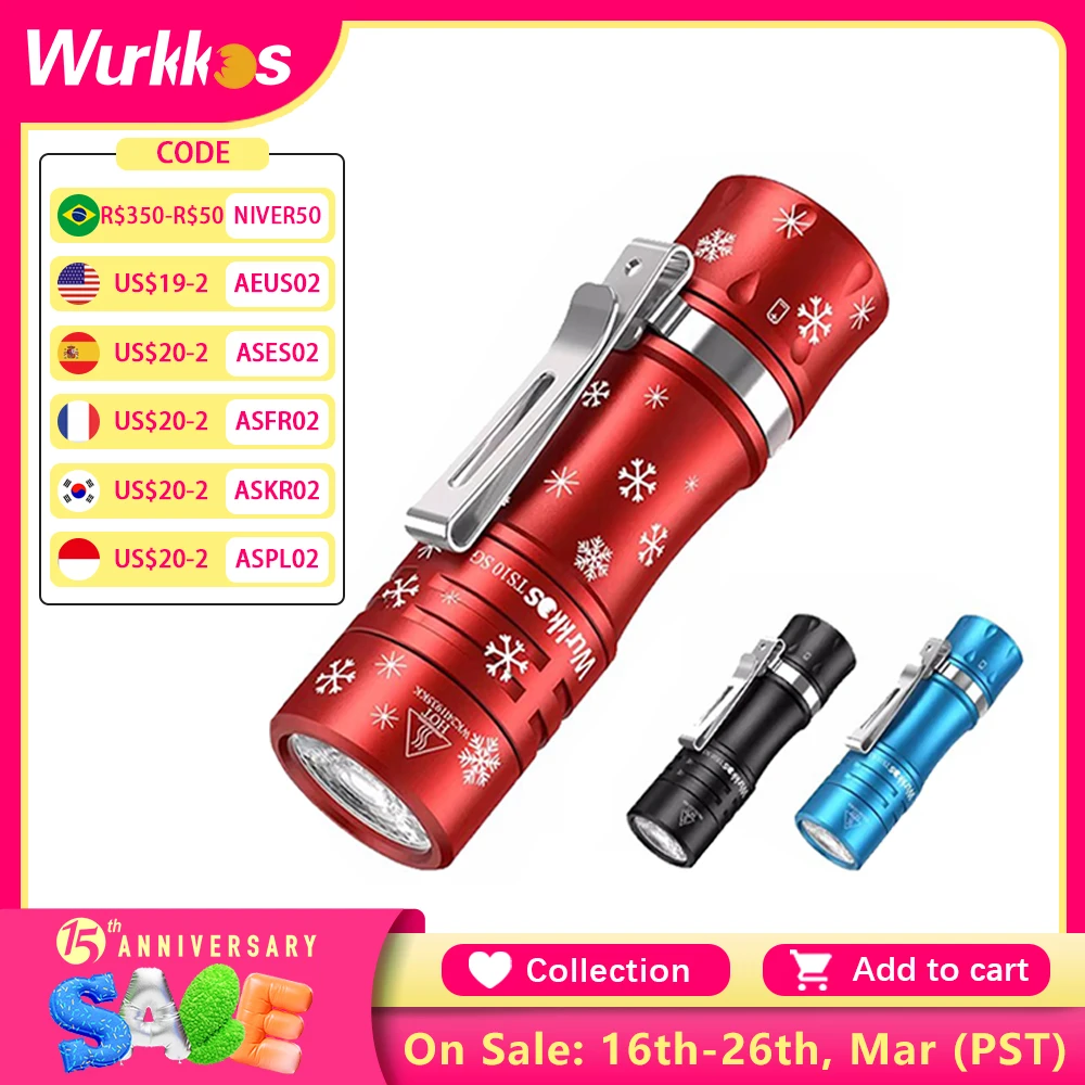 Wurkkos TS10 SG 14500 Powerful Mini EDC Flashlight with SFT25R LED and RGB Aux LEDs 1650LM Anduril 2.0 Max 294M IP68 Torch