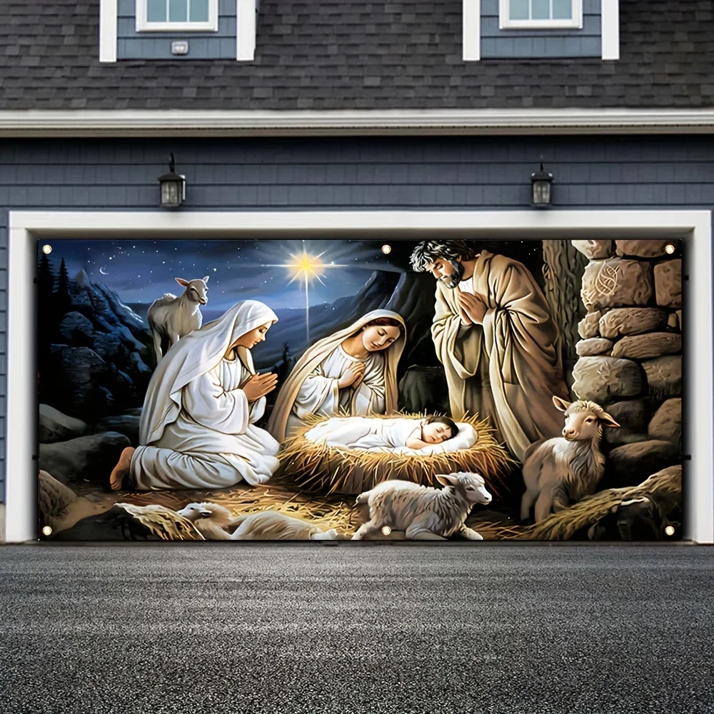 مشهد ميلاد كبير ولافتة جراج صلاة مريم العذراء - ألياف بوليستر متينة، مناسبة لتزيين عيد الميلاد #5
