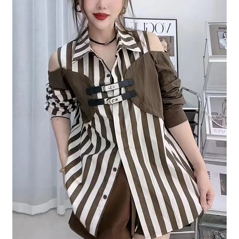 Stylish Lapel Button Spliced Off Shoulder Striped Shirt Female Clothing 2023 Autumn New Loose Casual Tops Fake Two Pieces Blouse