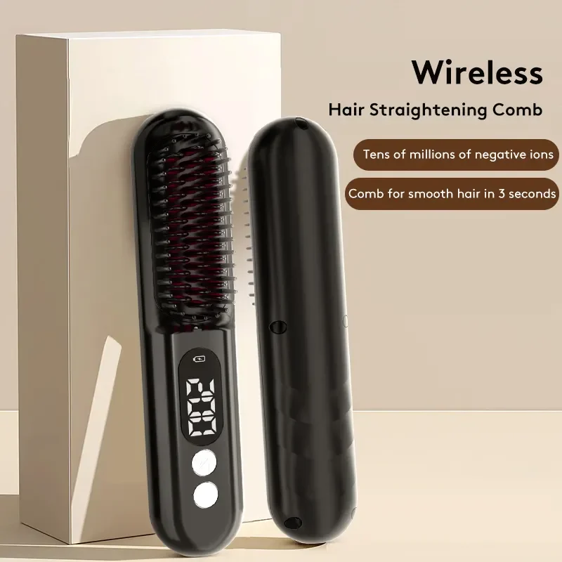 Portable Electric LCD Ceramic Heating Straight Hair Comb Wireless Negative Ion Styling Tool Rechargeable Straightening Brush