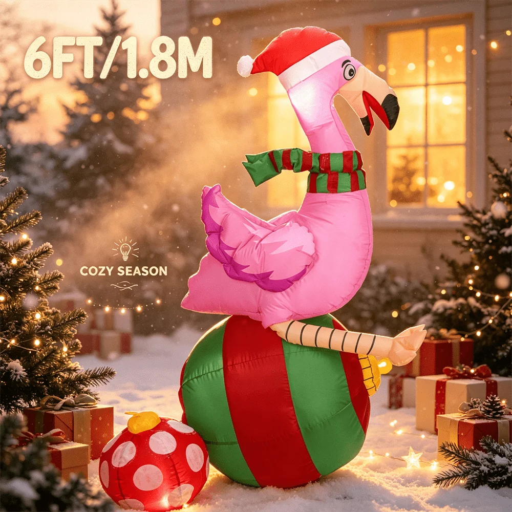 inflatable-toy-6ft-pink-christmas-flamingo-with-santa-hat-striped-scarf-giant-color-bauble-build-in-lighted-lawn-ornament