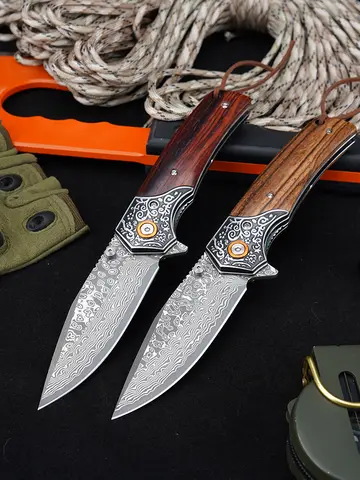 New Damascus Pocket Folding Knife Zebra Wood Handle Tactical Hunting Combat Knife Outdoor Camping Survival Knives EDC Jackknife