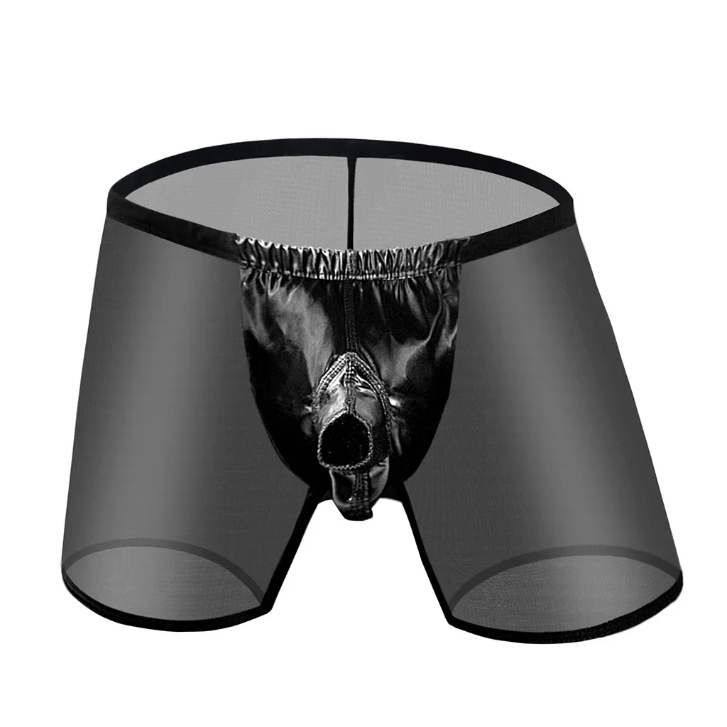 Ropa interior Boxy de retales de malla de imitación Leatter para hombres, bañadores eróticos con funda abierta, calzoncillos Boxer transparentes transpirables