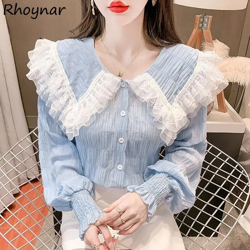 Shirts Vrouwen Sweet Lace Top Lente New Arrival Peter Pan Kraag Lange Mouw College Mujer Vrijetijdskleding Mode Bf Esthetische