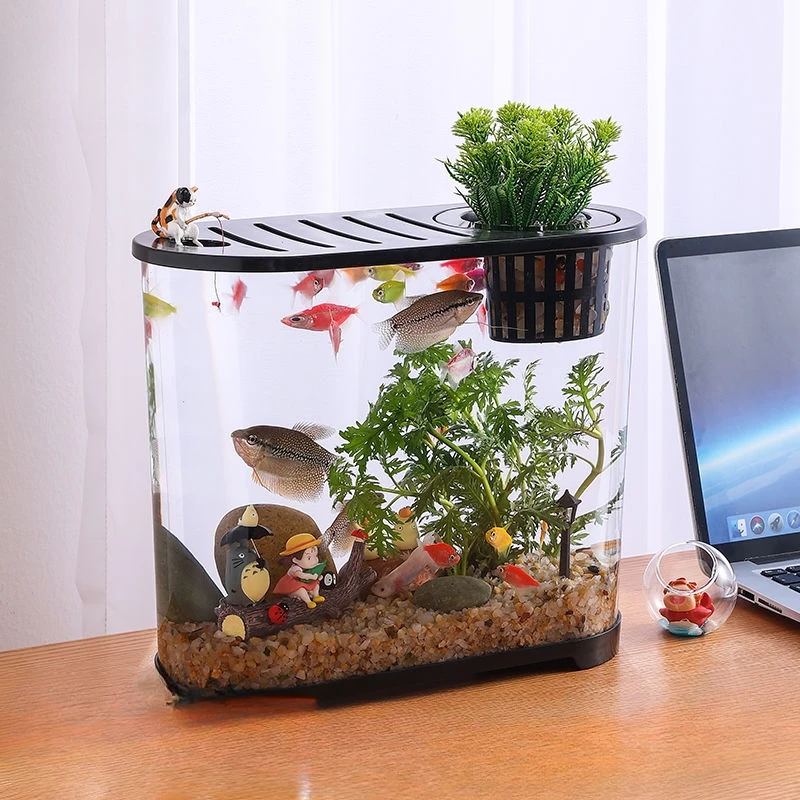 Desktop Fish Tank Transparent Ecological High Fish Tank with Lid Creative Landscape Small Living Room Fish Tank