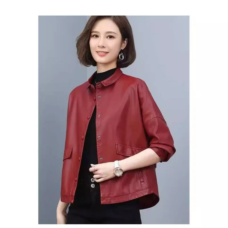 Jaqueta de couro feminina lapelas único breasted emendado bolso jaqueta primavera outono estilo fino moda tamanho grande casaco feminino