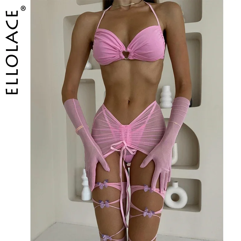 

Ellolace Lingerie Ultra Sexy Halter Bra Drawstring Pleated Attractive Suspenders Romantic Butterfly Cut Out Stocking Gloves
