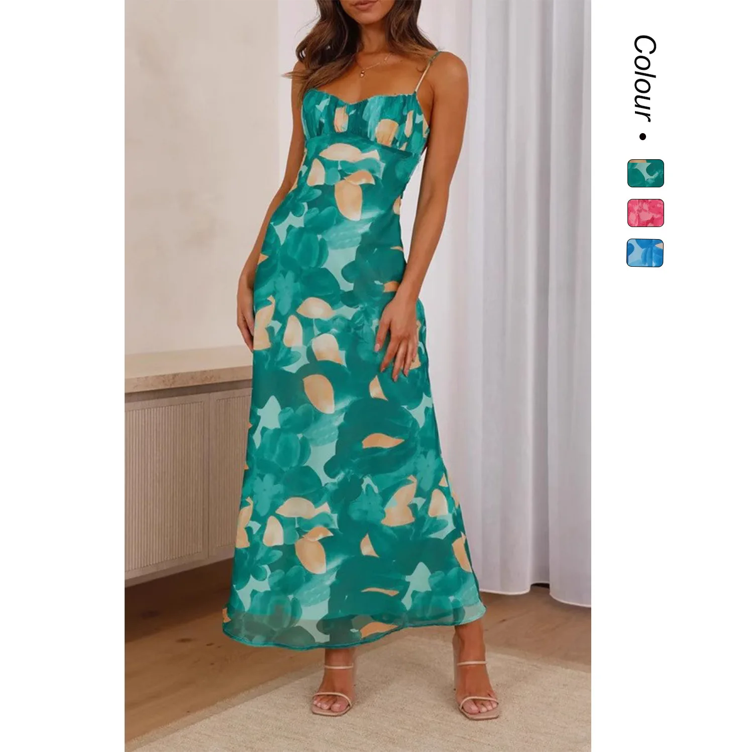 2025 여름 패션 신상 섹시한 스파게티 스트랩 백리스 홀로우 아웃 트렌디 프린트 드레스 23069