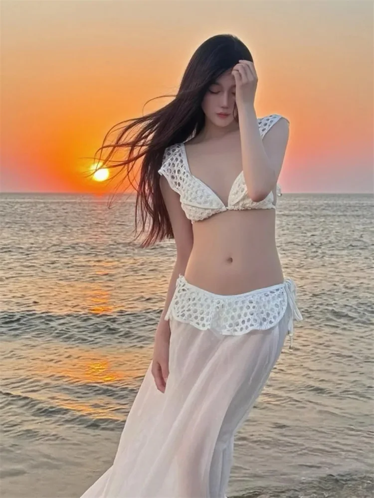 

HG 2026 Hollow out Lace Bikini Set with Chiffon Long Skirt High Waist Slimming Summer Vaion Hot Spring Ci Walk