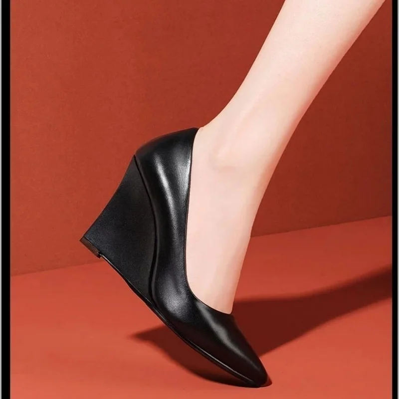 FHC New Women Pumps,Soft Leather Wedges Shallow Shoes,High Heels,Pointed Toe,Slip On,Korea Style,Black,Wine-red,Dropship