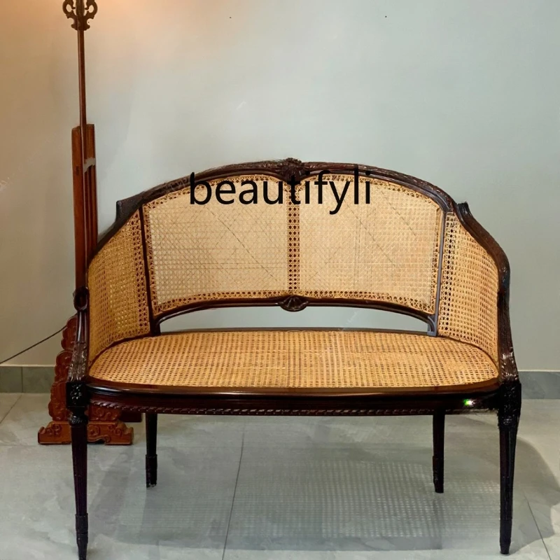 

Solid Wood Natural Rattan Double Sofa Balcony Living Room Small Apartment Vintage Carved Leisure Chair Hotel